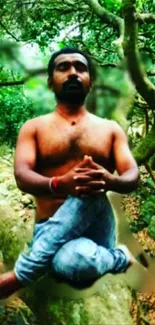 Man meditating in lush green forest, serene background