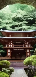 Japanese temple surrounded by lush greenery.