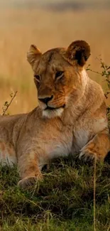 Serene lioness resting in a lush grassland, capturing the wild's beauty.