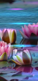 Serene pink water lilies float on calm blue water.