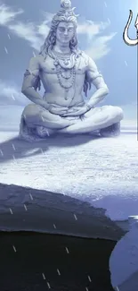 Shiva meditating on an iceberg under a dynamic sky