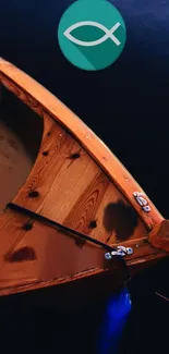 Wooden boat against a dark blue background with a serene feel.