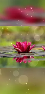 Pink lotus flower with sparkling effect on a serene green background.