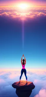 Yoga on mountain peak with vibrant sky and clouds, blue and pink hues.