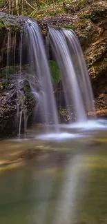 Serene waterfall with lush green scenery.