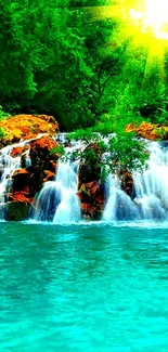 Vibrant waterfall with lush greenery and sunlight in the background.