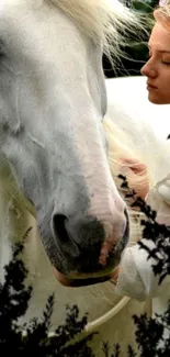 A serene white horse with a calm figure in nature setting.