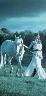 Elegant woman walking a white horse in a green field.