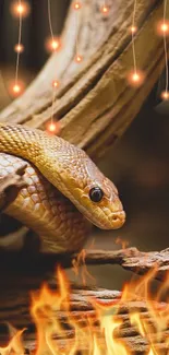 A striking brown snake on a branch with fiery digital flames.