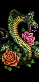 Vibrant snake coiled among roses on a black background mobile wallpaper.