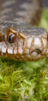 Close-up of a snake resting on green moss.