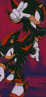 Artwork of Shadow the Hedgehog on a crimson background.