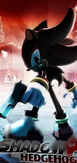 Shadow the Hedgehog stands in a vibrant cityscape with action-packed vibes.