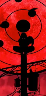 Silhouette of a figure against a vivid red moon with an anime aesthetic.