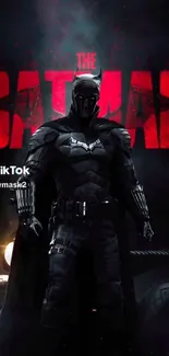 Batman stands heroically in dark-themed wallpaper with red text.