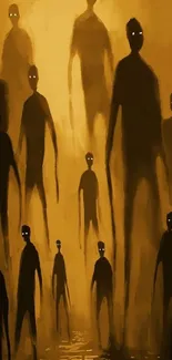 Mysterious shadowy figures in golden hue on a mobile wallpaper.