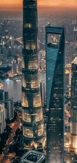 Shanghai skyline with skyscrapers at dusk and city lights glowing.