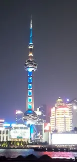 Shanghai skyline at night with vibrant city lights in a stunning mobile wallpaper.