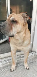 Shar Pei dog standing by door with beige coat indoors.