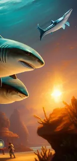 Fantasy ocean wallpaper featuring sharks and sunset.