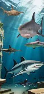 Sharks swimming in an underwater scene with ancient ruins.