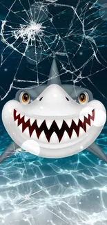 A lively shark with broken glass on a blue ocean-themed wallpaper.