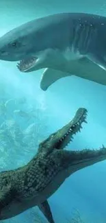 Underwater scene of a shark facing a crocodile with vibrant blue hues.