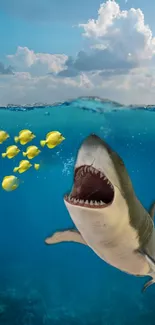 Shark chasing yellow fish in blue ocean wallpaper scene.