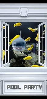 Cartoon shark with yellow fish through a window labeled 'Pool Party'.