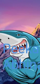 Cartoon shark over mountain at sunset.