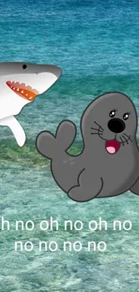 Cartoon wallpaper featuring a shark and a seal in the ocean with a funny caption.