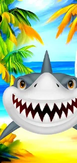 Cartoon shark with palm trees on a tropical beach.