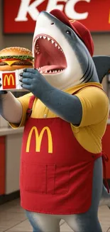 Cartoon shark in fast food uniform holding burger.