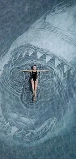 Swimmer floating over a giant shark in blue waters, creating a surreal effect.