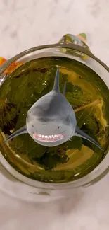 A humorous shark in a teacup wallpaper for mobile devices.