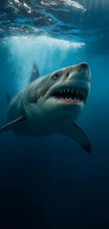 A great white shark swimming in deep blue ocean waters.