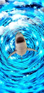 Shark in vibrant blue ocean vortex wallpaper.