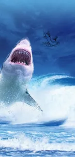 Shark jumping from ocean waves against a vivid blue sky.