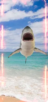 Shark leaping over a sandy beach with a clear blue sky and ocean waves.