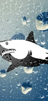 Shark with rain drops on a blue ocean-themed wallpaper.