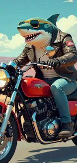 Shark in sunglasses rides motorcycle in desert.