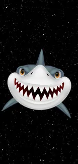 Shark with wide grin amidst a starry cosmic background.