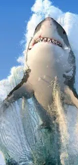 Shark powerfully emerges from ocean waves under a vibrant blue sky.