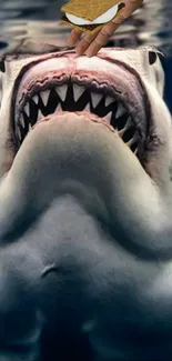 Majestic shark underwater with open jaws near surface.