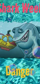 Cartoon shark with a submarine in blue ocean background.