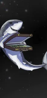 Shark holding a cash-filled briefcase in a starry space scene.