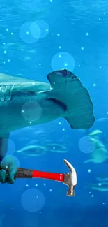 Shark with a hammer swims in a blue ocean background.