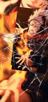 Anime character with flames and shattered glass effects, vibrant and dynamic art.