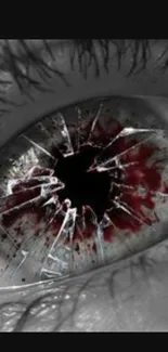 Shattered eye wallpaper with grey tones and red highlights.