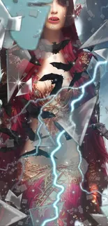 Mystical figure with red hair amidst shattered glass and lightning.